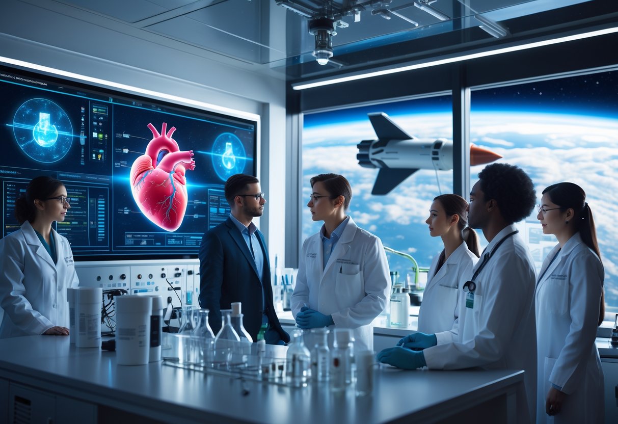 Scientists in a modern lab studying a holographic human heart with a view of Earth and a spacecraft in space outside the window.