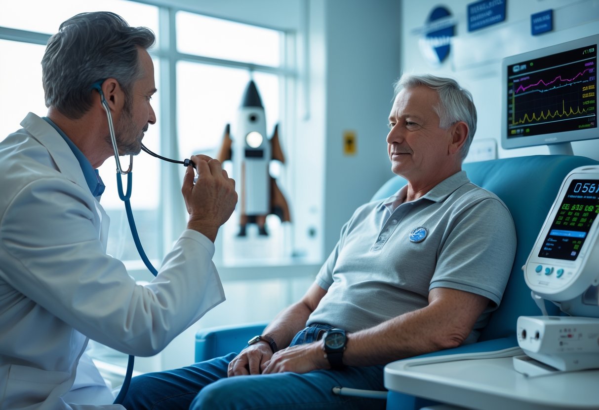 A healthcare professional listens to the heart of a space tourist during a medical checkup in a modern clinic with heart monitoring equipment.