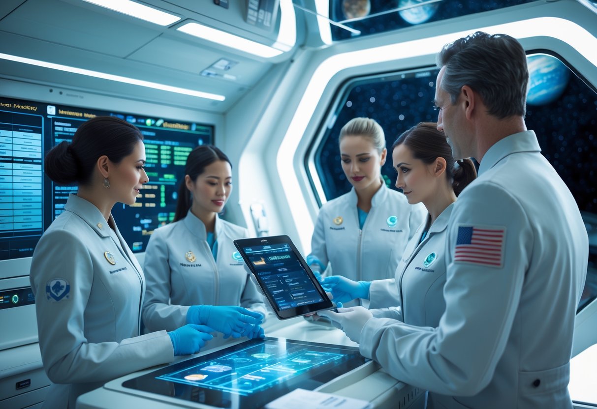 Healthcare professionals reviewing medication information in a futuristic space medical clinic with a view of outer space through a large window.