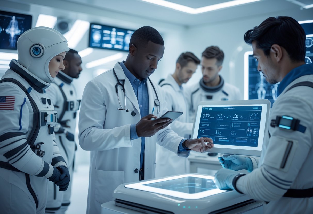 Medical professionals conducting health screenings on astronauts in a futuristic clinic with advanced equipment.