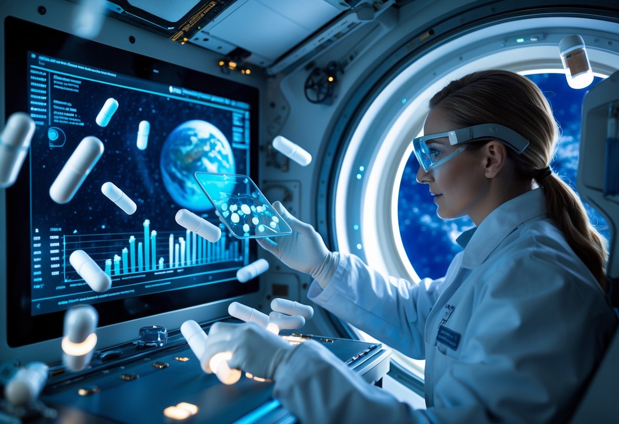 A scientist aboard a spacecraft laboratory studies floating medication capsules in zero gravity with Earth visible through a window in the background.