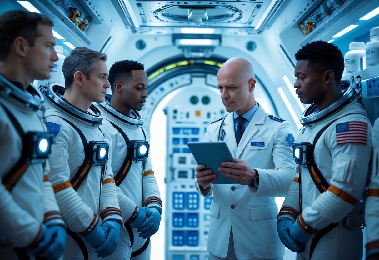 Astronauts consulting a medical officer inside a spacecraft medical bay with advanced equipment and medication containers.