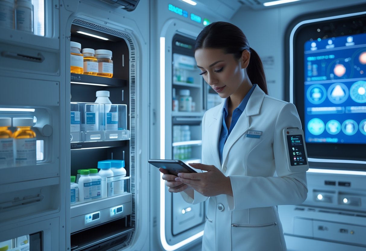 A technician inspects organized medication storage lockers inside a spacecraft with a view of stars outside.