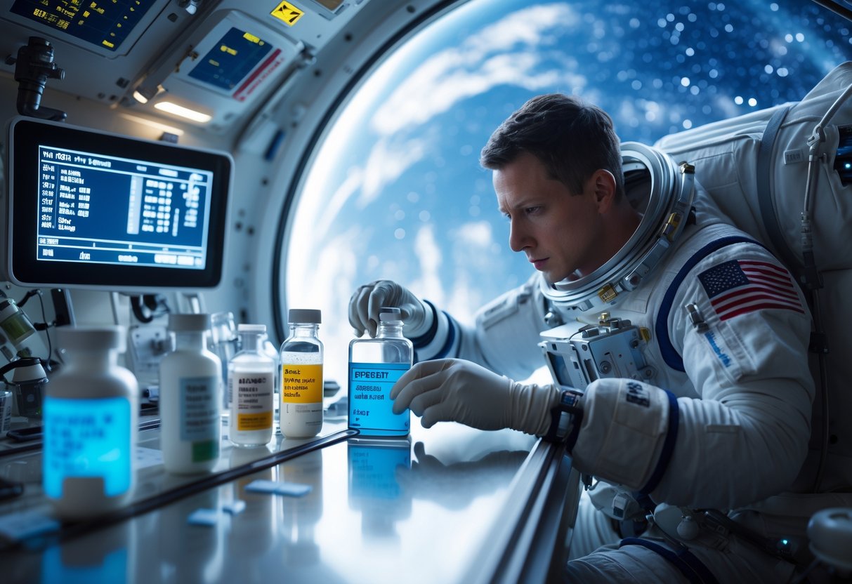 An astronaut inside a spacecraft examines medication containers at a medical workstation with space visible through a window.