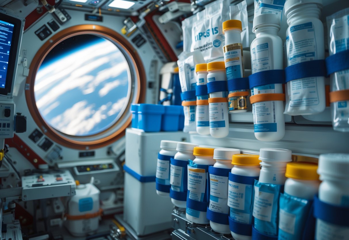 Interior view of the International Space Station showing organized medical supplies secured in a storage area with Earth visible through a window.