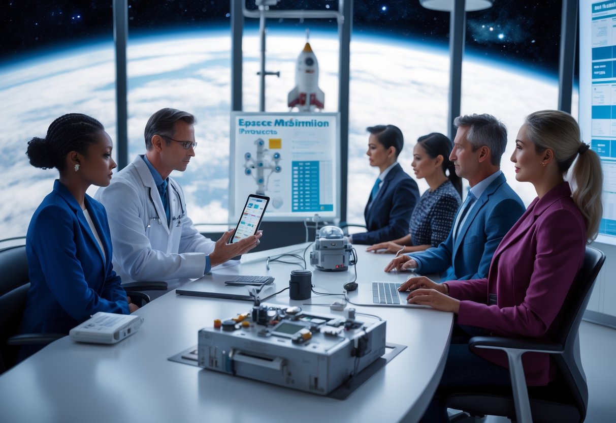 A healthcare professional explains space travel medication guidelines to a group of civilians and space tourists in a modern clinic with a view of Earth from space.