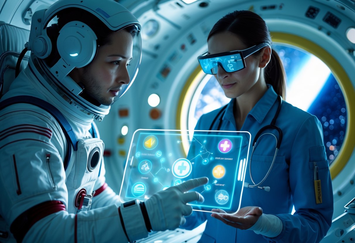 An astronaut and a medical professional inside a spacecraft reviewing holographic medical data about medication restrictions.