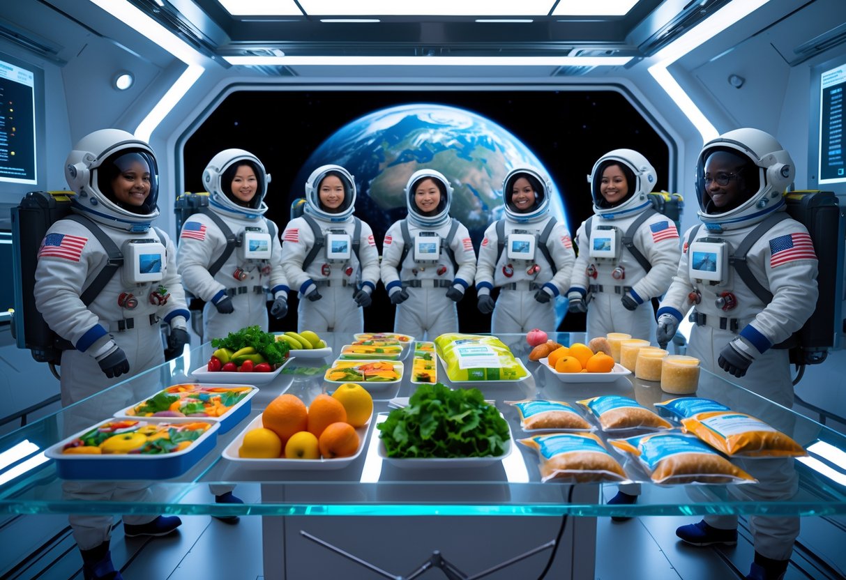 Space tourists in a space habitat gathered around a table with nutritious space food and a view of Earth from orbit.