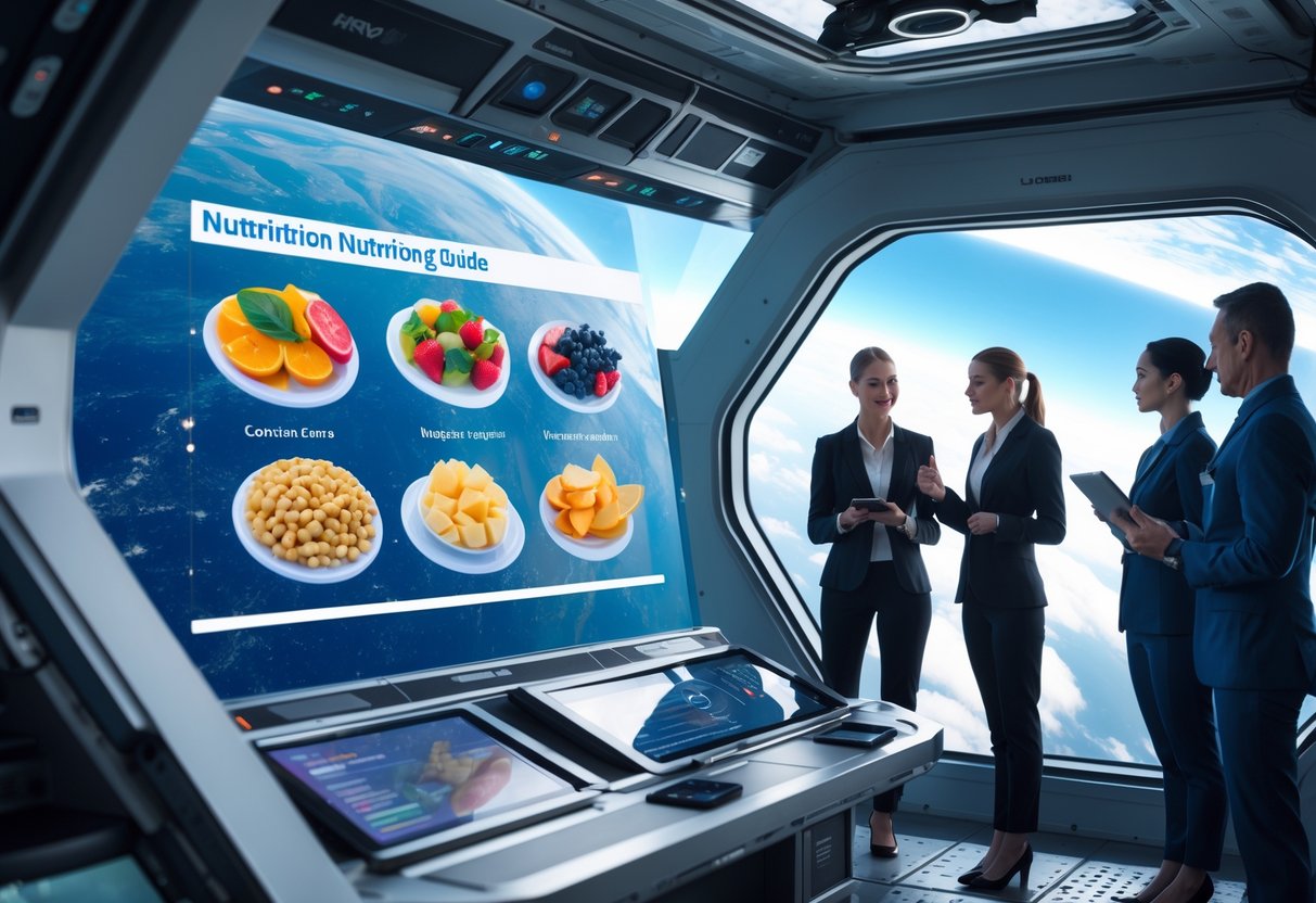 A team of nutritionists planning space-friendly meals inside a spacecraft with a view of Earth in the background.
