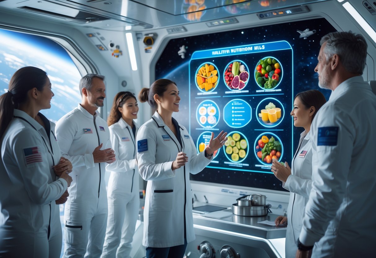 A nutritionist explains healthy eating plans to astronauts inside a spacecraft with views of outer space.