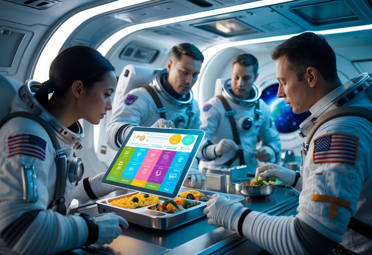 Astronauts inside a spacecraft galley preparing and reviewing nutritious meals with Earth visible through a window.