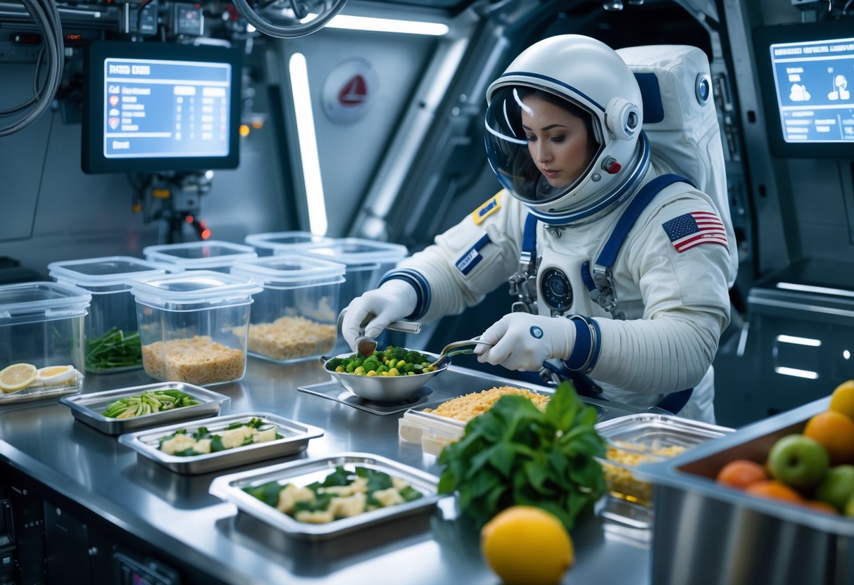 An astronaut in a space kitchen preparing food with specialized tools and containers inside a spacecraft, surrounded by digital screens displaying nutritional information.