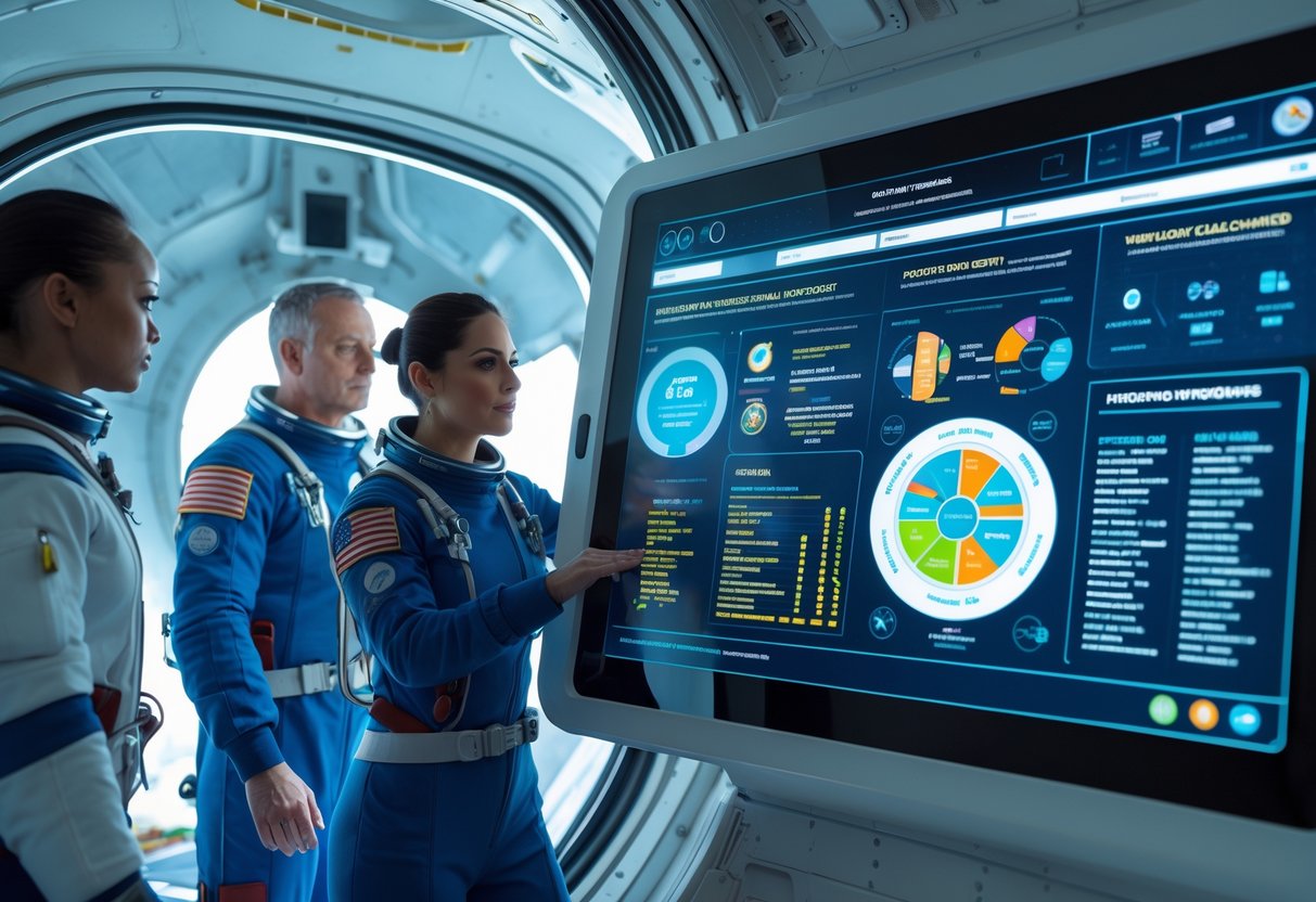 A group of people inside a spacecraft cabin looking at a digital display showing nutrition information with Earth visible through the windows.