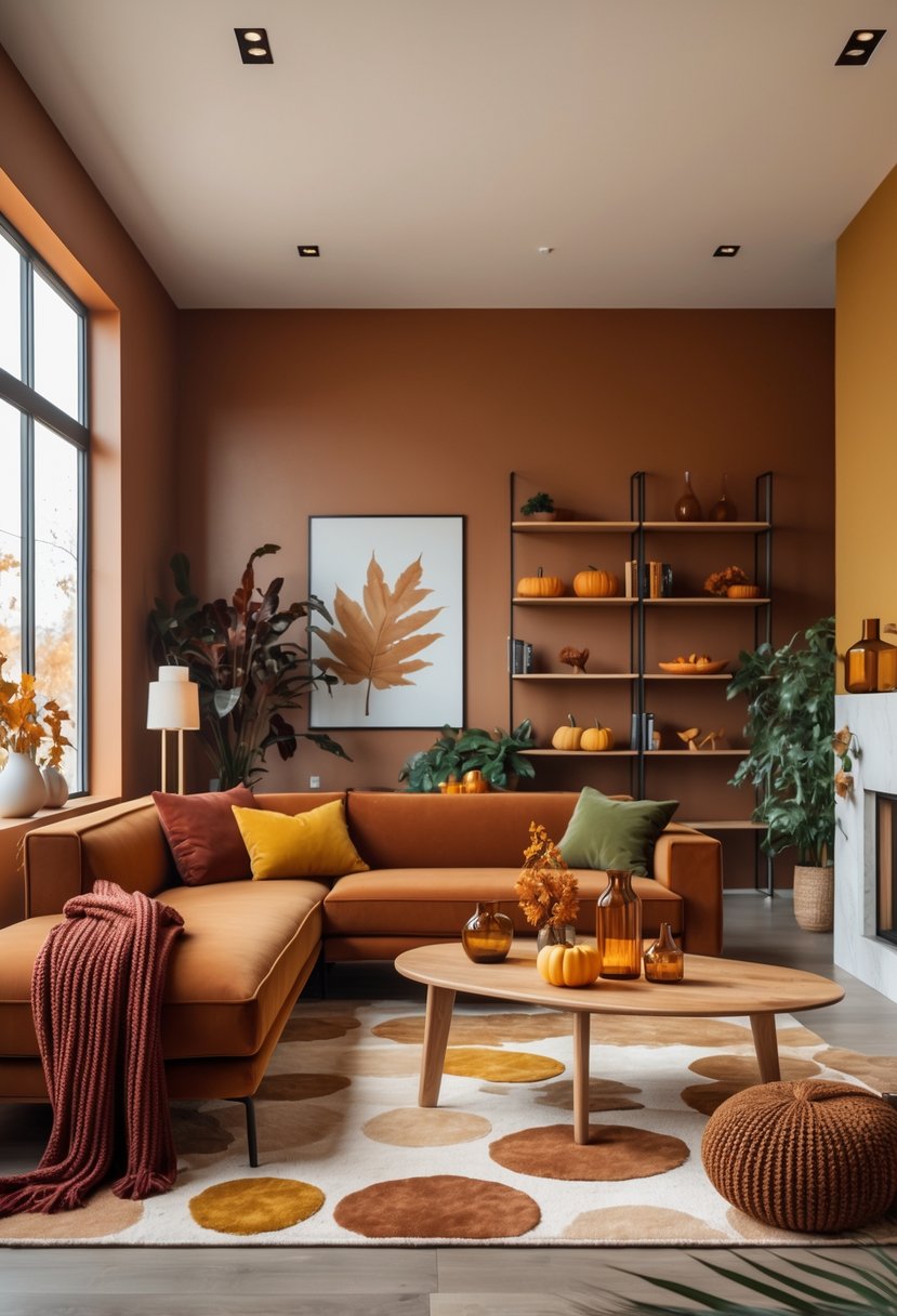 22 Modern Fall Living Room Colors For A Stylish Seasonal Refresh 2 A cozy living room with warm fall colors, featuring a sofa, pillows, wooden tables, plants, and autumn decorations.