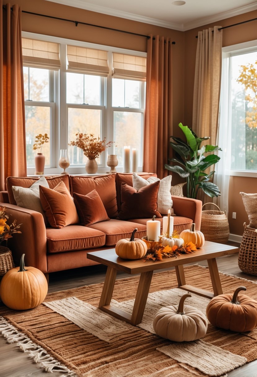 22 Modern Fall Living Room Colors For A Stylish Seasonal Refresh 3 A living room with a terracotta sofa, wooden coffee table, fall decorations, and natural light coming through large windows.