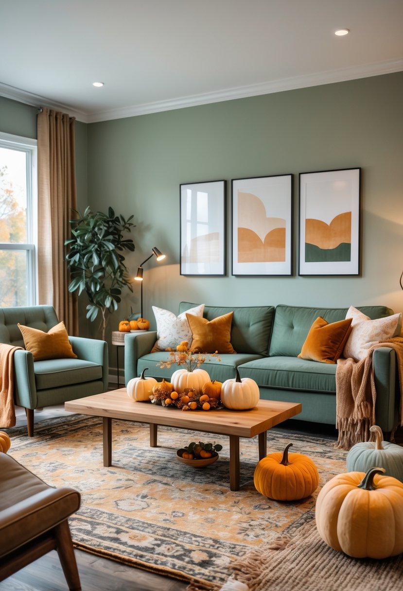22 Modern Fall Living Room Colors For A Stylish Seasonal Refresh 4 A modern living room with a sage green sofa, wooden coffee table, autumn decorations, large windows, and indoor plants.