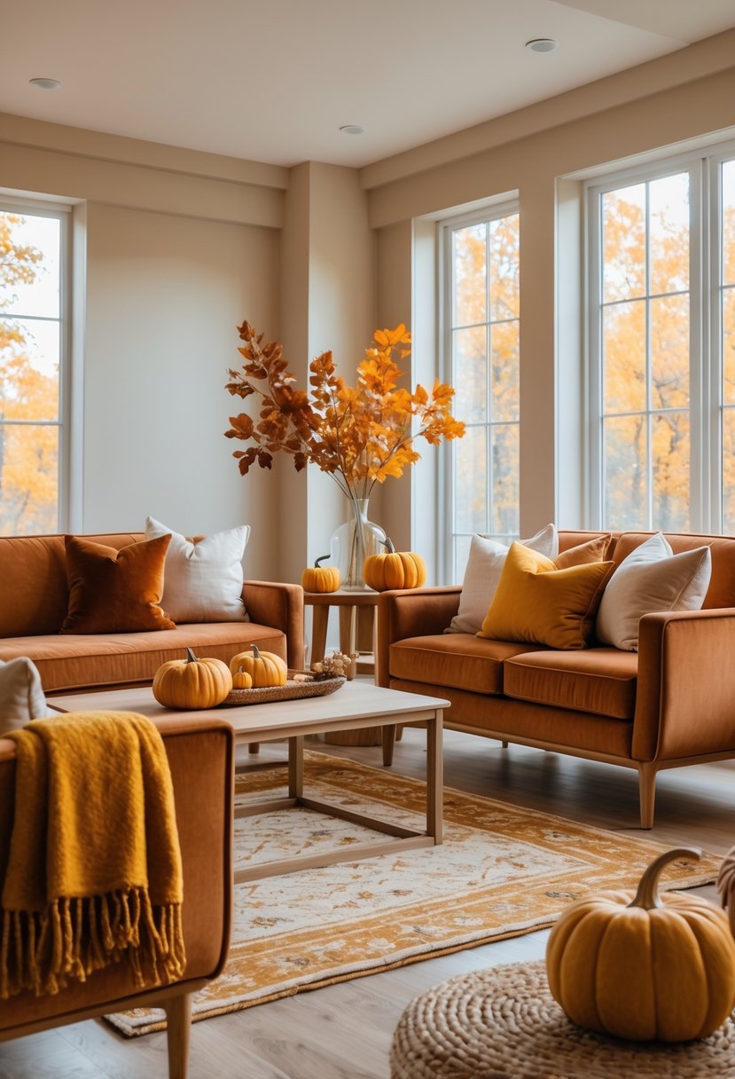 22 Modern Fall Living Room Colors For A Stylish Seasonal Refresh 5 A cozy living room with a sofa, armchairs, and autumn-themed decorations in warm amber and fall colors.