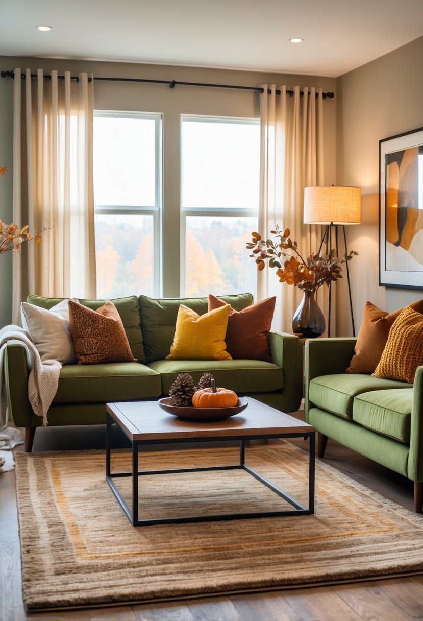 22 Modern Fall Living Room Colors For A Stylish Seasonal Refresh 6 A living room with an olive green sofa, warm fall-colored pillows, a wooden coffee table, and natural light coming through large windows.