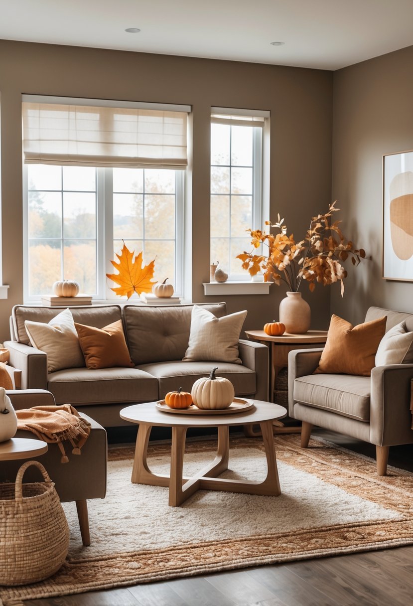 22 Modern Fall Living Room Colors For A Stylish Seasonal Refresh 7 A cozy living room with a taupe sofa, wooden furniture, and autumn decorations including pumpkins and dried leaves.