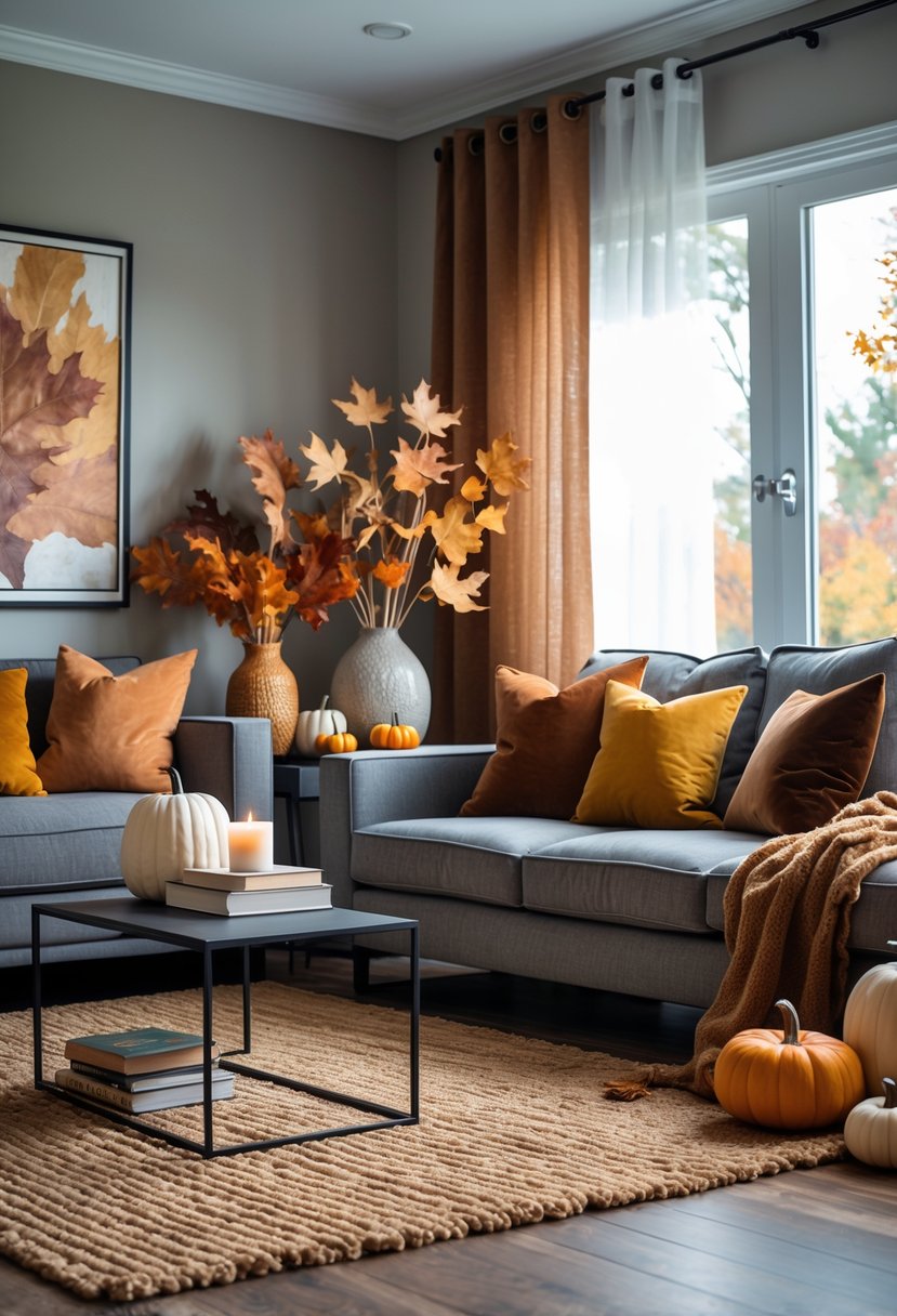22 Modern Fall Living Room Colors For A Stylish Seasonal Refresh 8 A modern living room with a gray sofa, fall-colored pillows, a wooden floor rug, autumn decorations, and large windows letting in natural light.