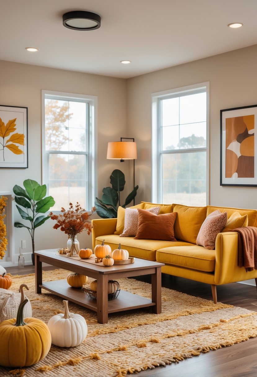 22 Modern Fall Living Room Colors For A Stylish Seasonal Refresh 10 A living room with a mustard yellow sofa, wooden coffee table with fall decorations, large windows, and warm natural light.