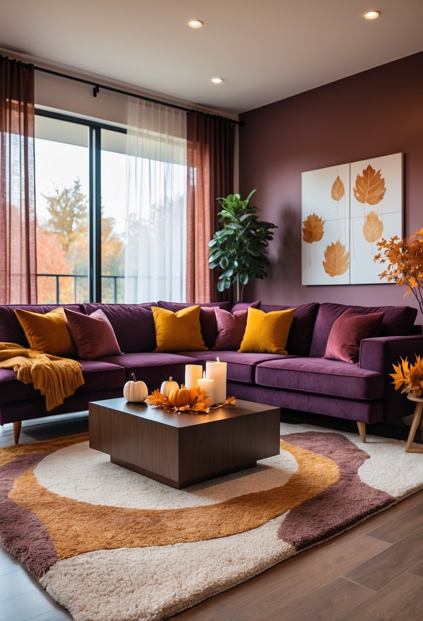 22 Modern Fall Living Room Colors For A Stylish Seasonal Refresh 11 A living room with a deep plum sofa, wooden coffee table with fall decorations, large windows, and warm natural lighting.