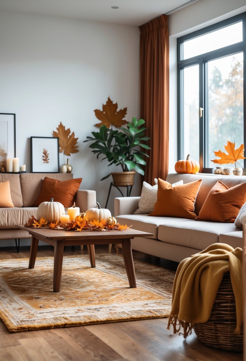 22 Modern Fall Living Room Colors For A Stylish Seasonal Refresh 12 A cozy living room with a sofa, coffee table, autumn decorations, and natural light coming through large windows.