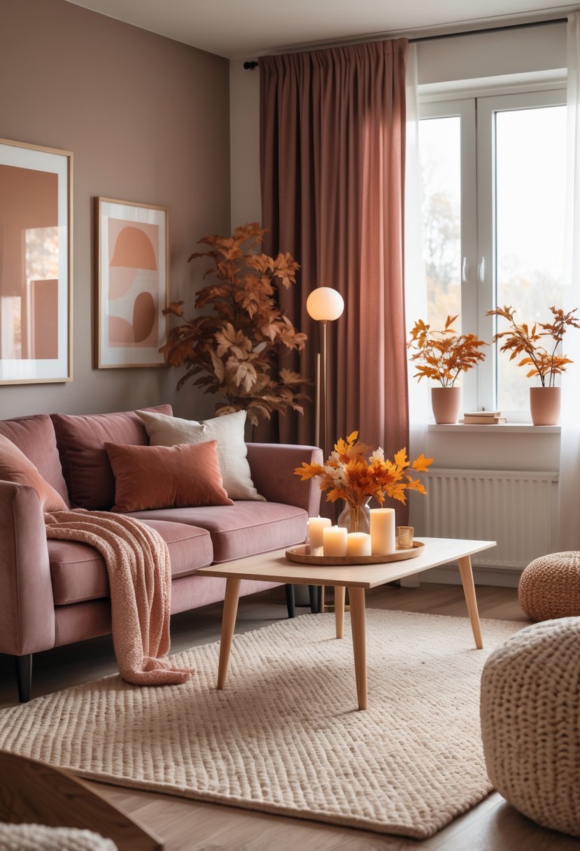 22 Modern Fall Living Room Colors For A Stylish Seasonal Refresh 13 A living room with a dusty rose sofa, beige and terracotta pillows, a wooden coffee table with autumn leaves and candles, warm neutral walls, and soft natural light.
