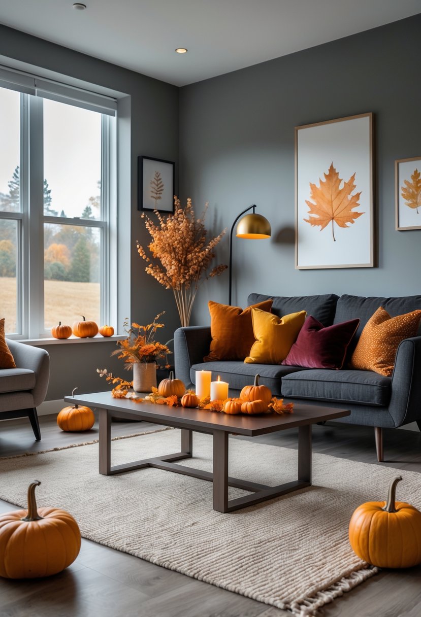 22 Modern Fall Living Room Colors For A Stylish Seasonal Refresh 14 A modern living room with charcoal gray walls and sofa, decorated with fall-themed pillows, pumpkins, candles, and dried foliage, illuminated by natural light from large windows.