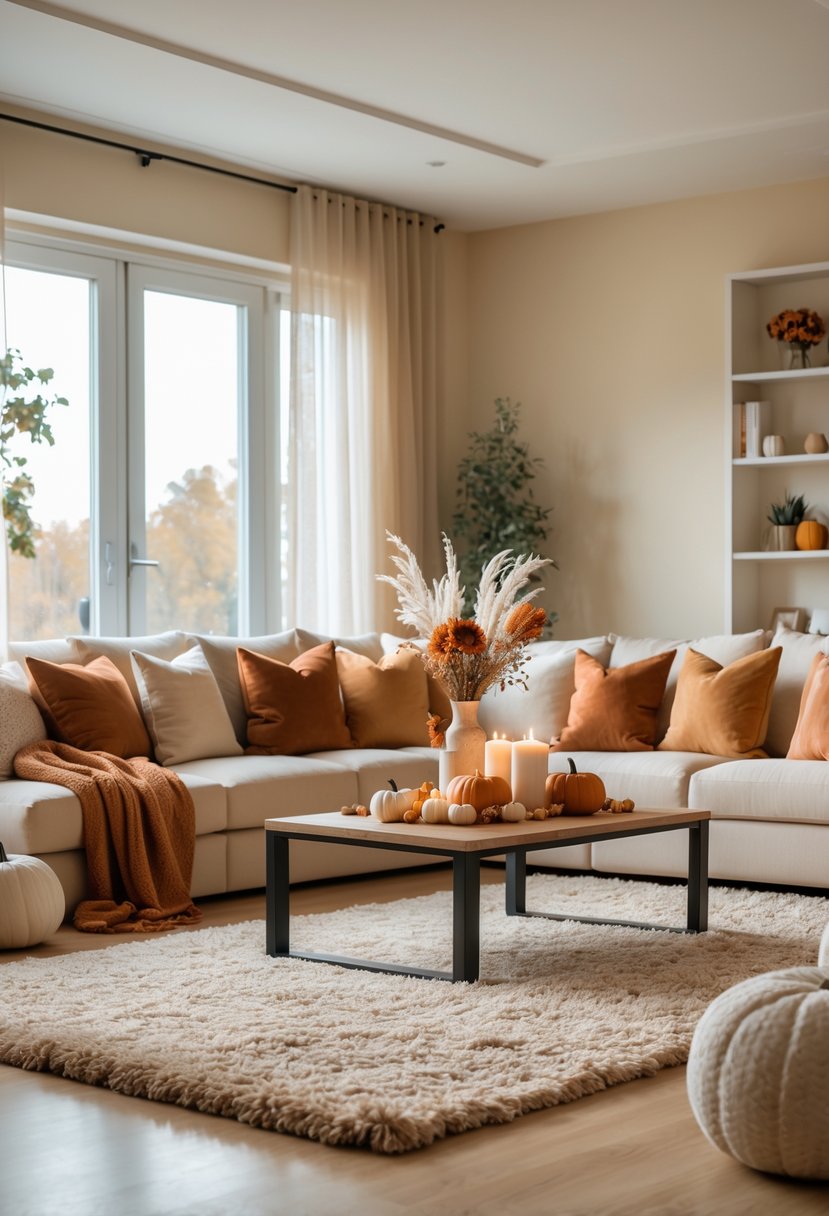 22 Modern Fall Living Room Colors For A Stylish Seasonal Refresh 15 A cozy living room with a beige sofa, autumn-colored pillows, a wooden coffee table with fall decorations, and natural light coming through large windows.