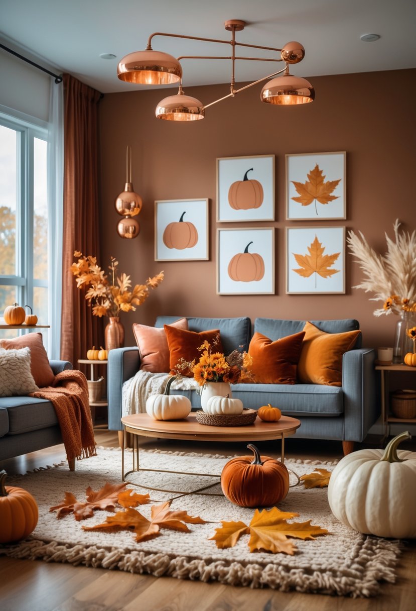 22 Modern Fall Living Room Colors For A Stylish Seasonal Refresh 16 A cozy living room with a sofa, copper decorative accents, fall-colored pillows, and autumn-themed decorations by large windows.
