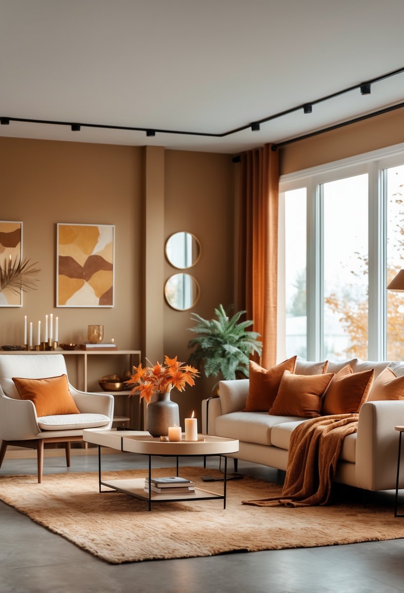 22 Modern Fall Living Room Colors For A Stylish Seasonal Refresh 18 A bright living room with a sofa, coffee table, and autumn-themed decorations in warm caramel and fall colors.