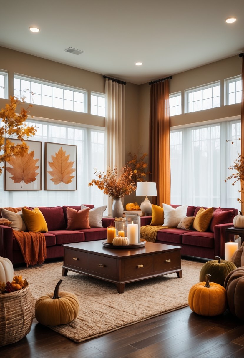 22 Modern Fall Living Room Colors For A Stylish Seasonal Refresh 19 A modern living room with mahogany furniture and fall-colored decorations including pumpkins, candles, and cushions.