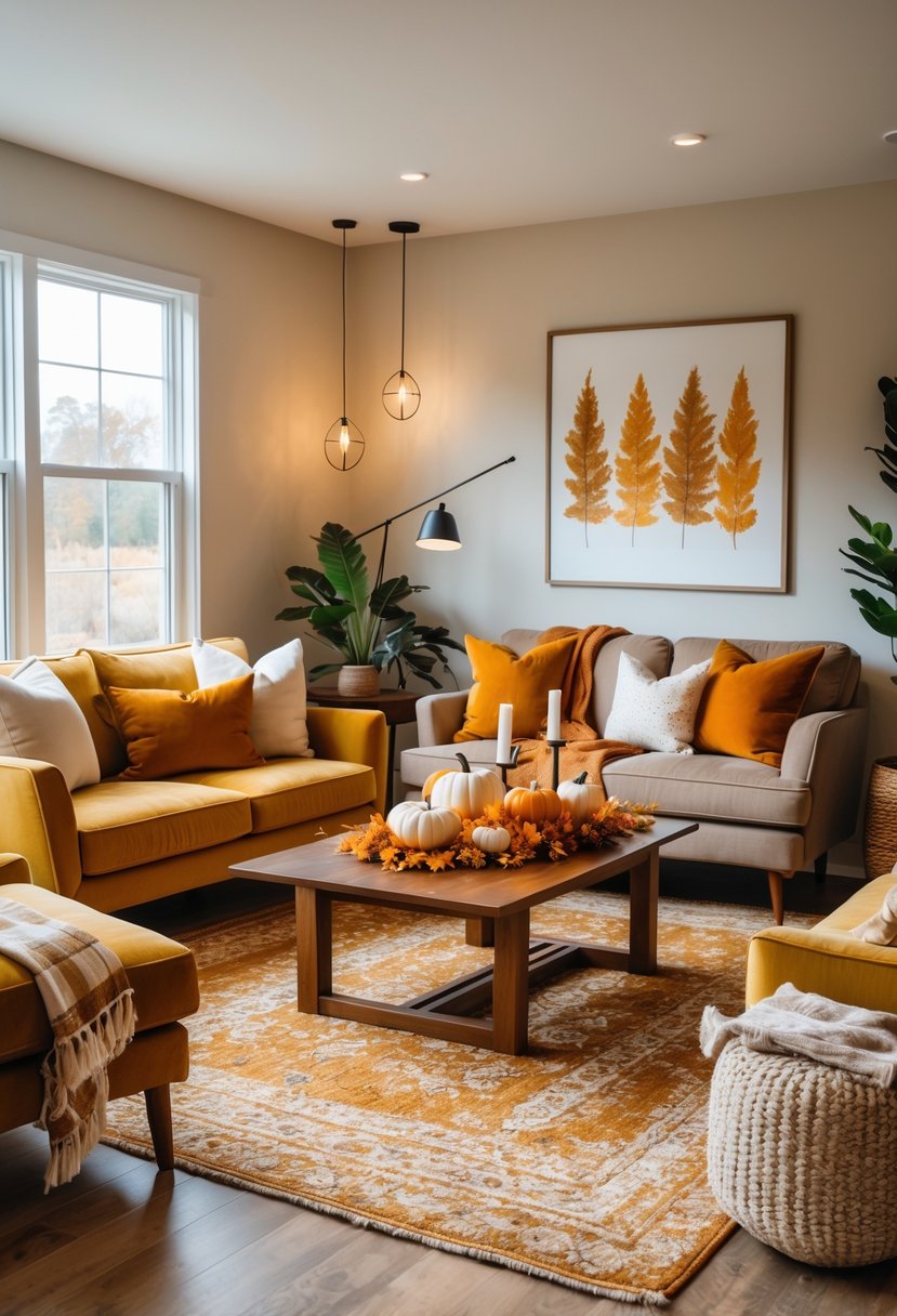 22 Modern Fall Living Room Colors For A Stylish Seasonal Refresh 20 A living room with a sofa, armchairs, coffee table, and fall-themed decorations in warm yellow and orange tones.