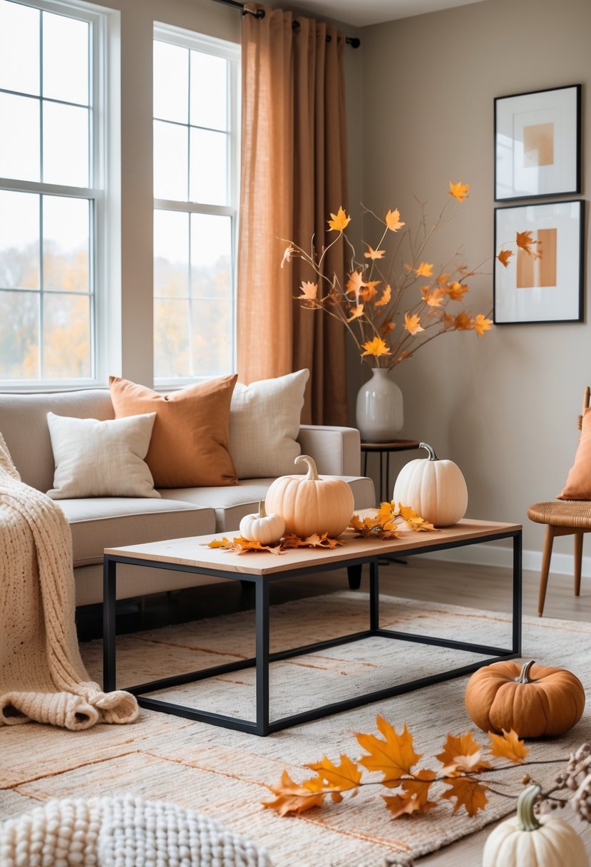 22 Modern Fall Living Room Colors For A Stylish Seasonal Refresh 21 A living room with a sofa, coffee table, and autumn decorations including pale pumpkins and fall leaves.
