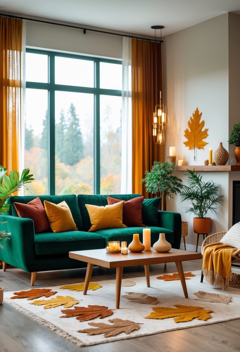 22 Modern Fall Living Room Colors For A Stylish Seasonal Refresh 22 A bright living room with a forest green sofa, warm fall-colored pillows, wooden coffee table, and large windows letting in natural light.