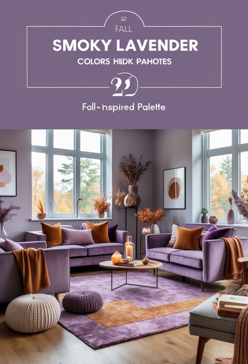 22 Modern Fall Living Room Colors For A Stylish Seasonal Refresh 24 A modern living room with sofas and armchairs in smoky lavender tones, decorated with fall-colored pillows and blankets, natural light, wooden flooring, and seasonal decor on a coffee table.