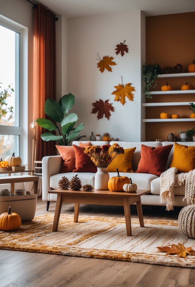 22 Modern Fall Living Room Colors For A Stylish Seasonal Refresh 25 A cozy living room decorated with warm fall colors, featuring a sofa with colorful pillows, a wooden coffee table with seasonal decor, and natural light coming through large windows.