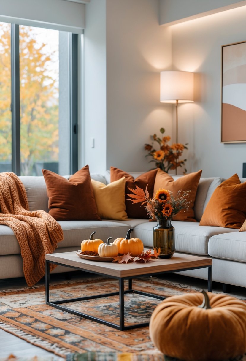 22 Modern Fall Living Room Colors For A Stylish Seasonal Refresh 26 A living room with a sofa, coffee table, autumn decorations, and natural light highlighting warm fall colors.
