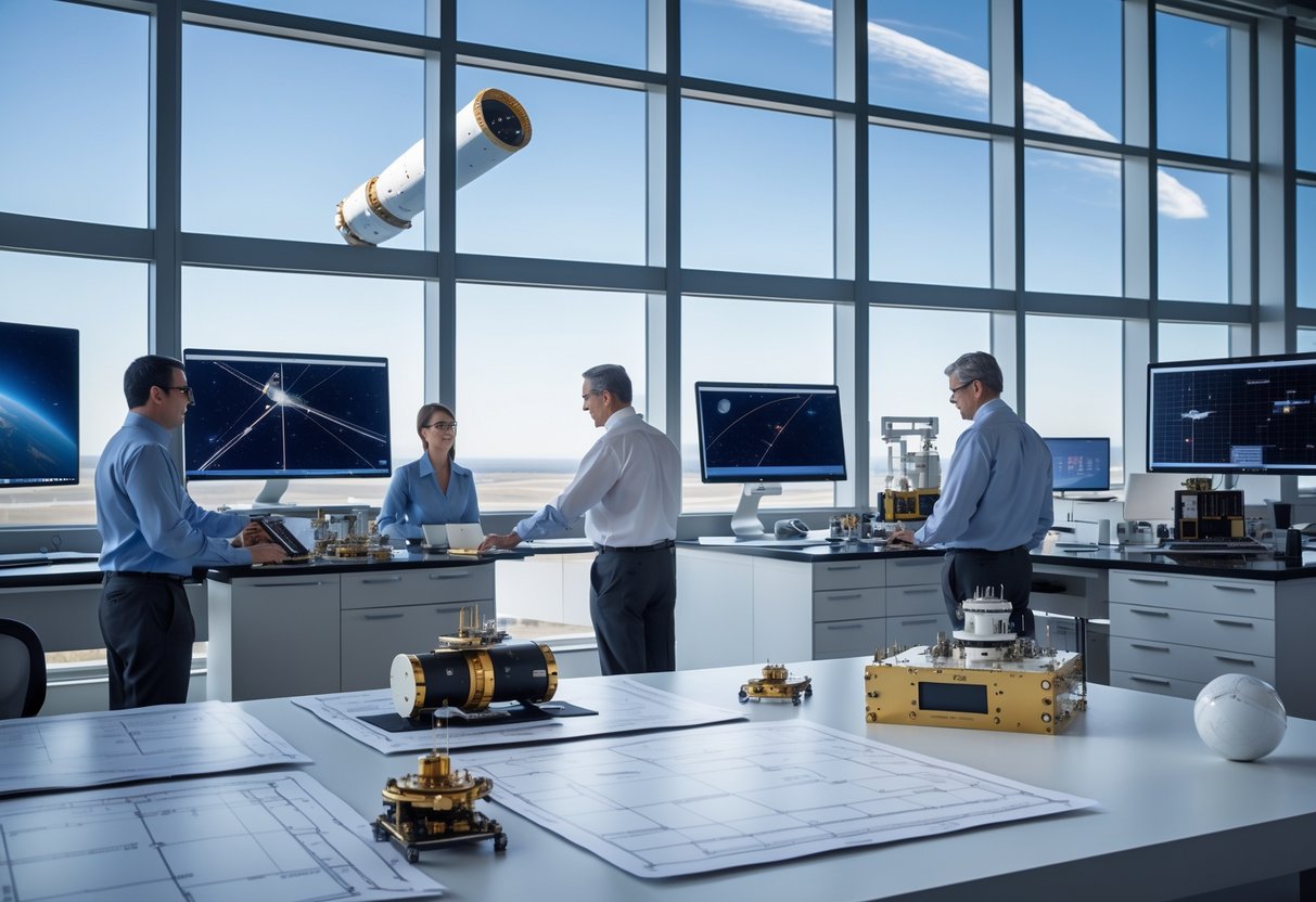 Engineers and scientists working together in a modern aerospace facility surrounded by satellite models and spacecraft components with a satellite visible in the sky outside large windows.