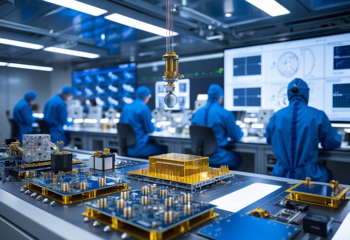 Engineers in cleanroom suits working on satellite components and space instruments in a high-tech aerospace laboratory.