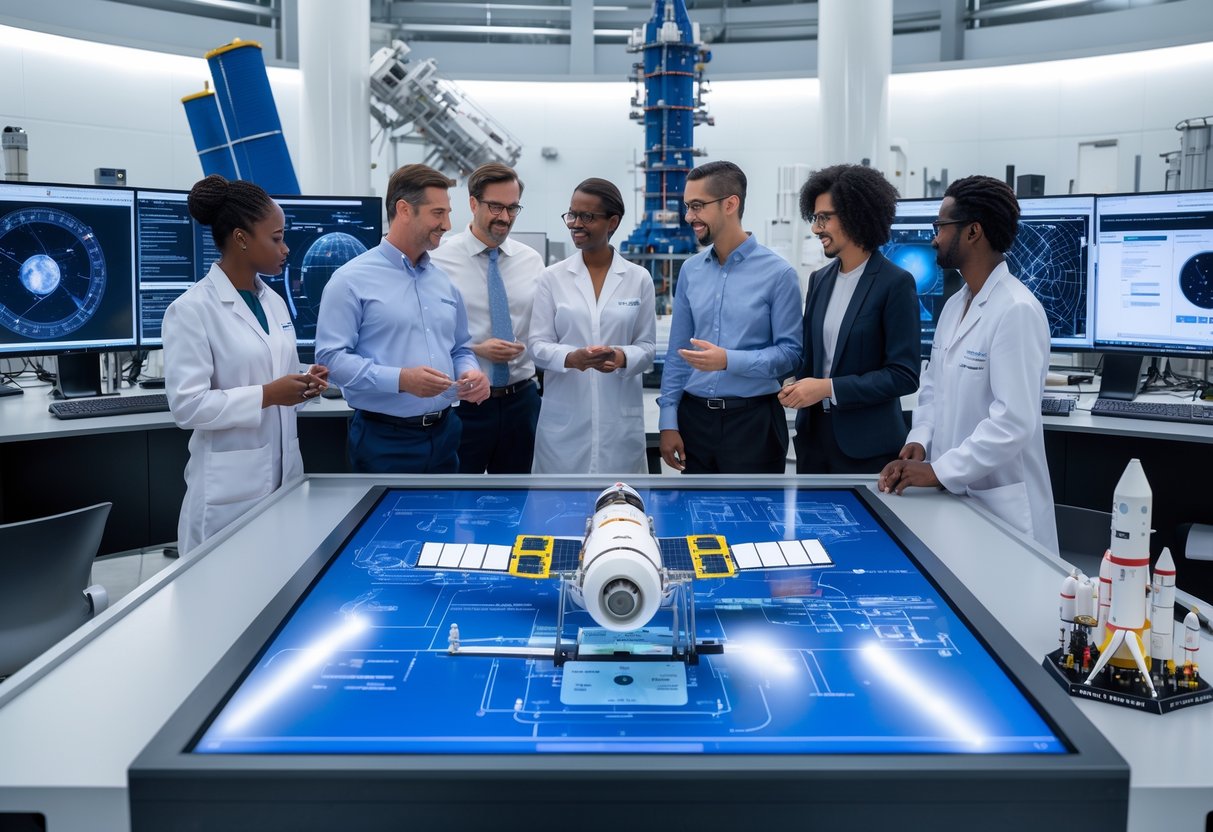 A team of engineers and scientists working together around a digital table displaying spacecraft models in a high-tech aerospace lab.