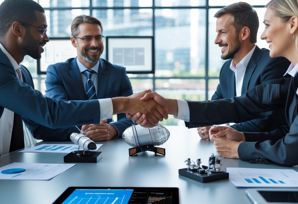 Business professionals in a modern meeting room discussing and shaking hands with aerospace models and digital screens in the background.