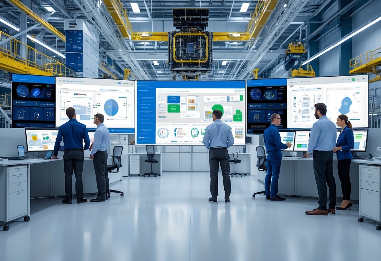 Engineers collaborating in a modern aerospace manufacturing facility with digital screens and aerospace components.