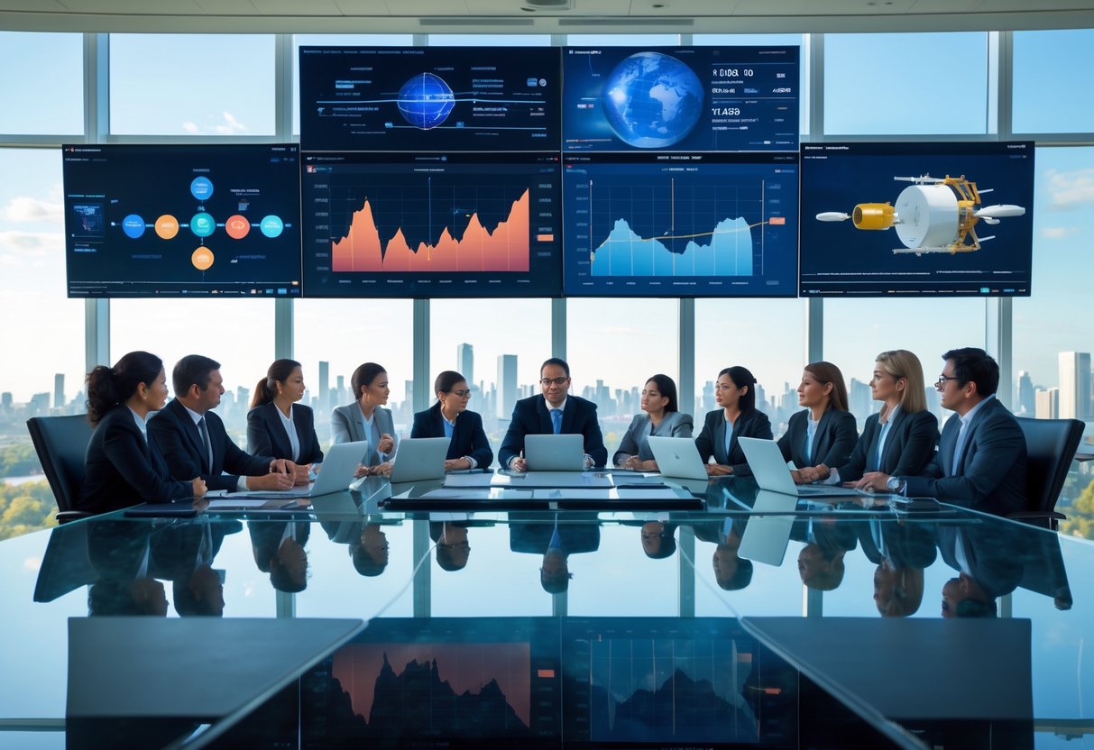 Business professionals in a modern office analyzing financial charts and aerospace market data during a meeting.