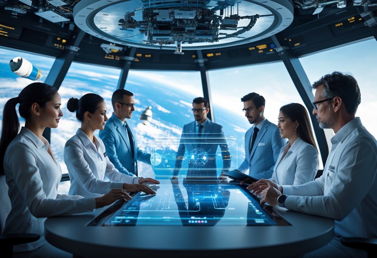 A group of aerospace professionals collaborating around a futuristic touchscreen display with Earth and satellites visible through large windows in the background.
