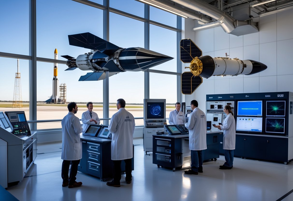Engineers working in a modern aerospace facility with spacecraft models and a rocket on a launchpad outside.