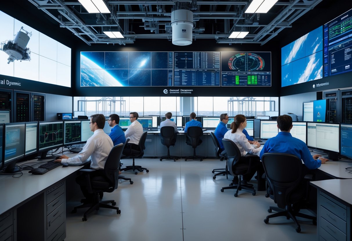 Engineers working in a modern control room with computer monitors and digital displays showing space mission data.