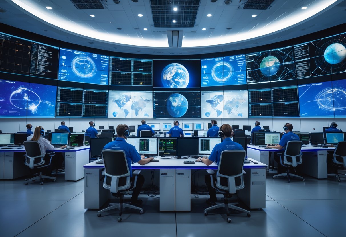 A modern operations center with people monitoring large digital screens showing satellite data and space mission information.