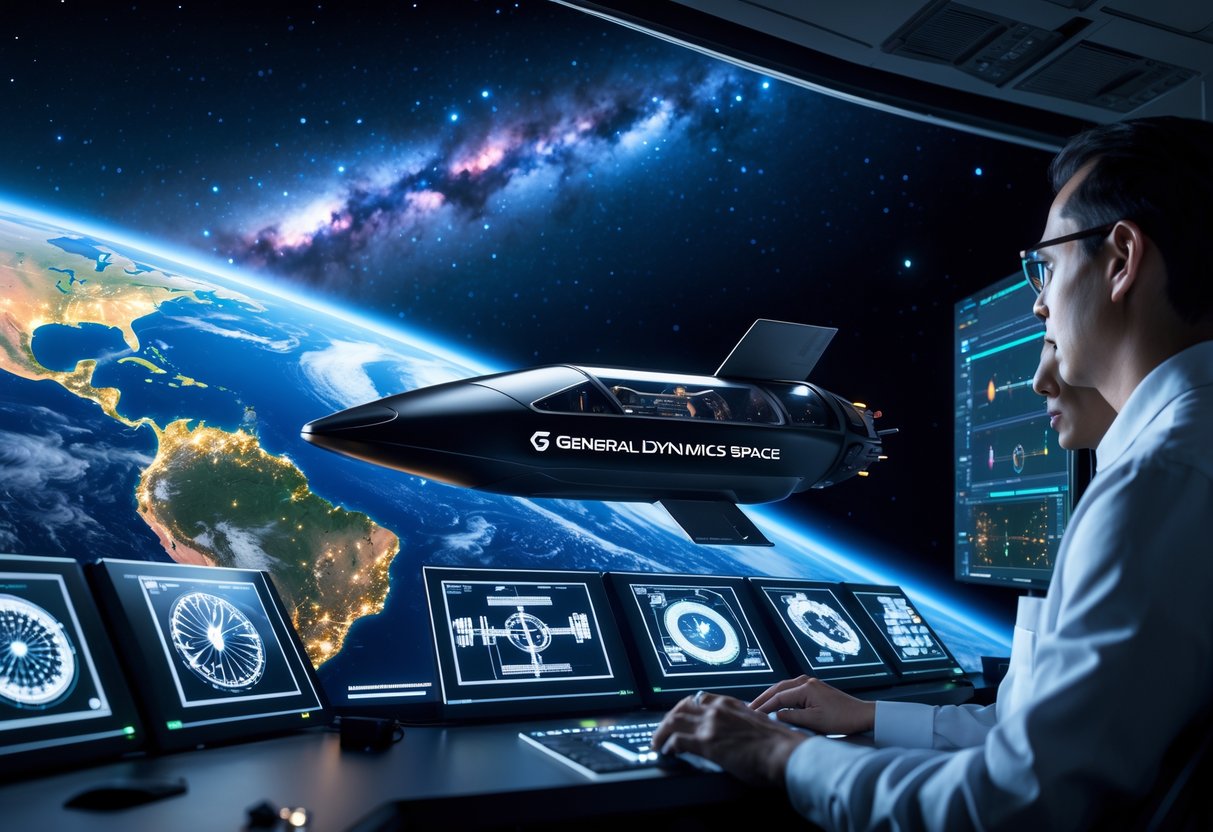 A futuristic spacecraft orbiting Earth with scientists working on digital interfaces in a control room, set against a starry space background.